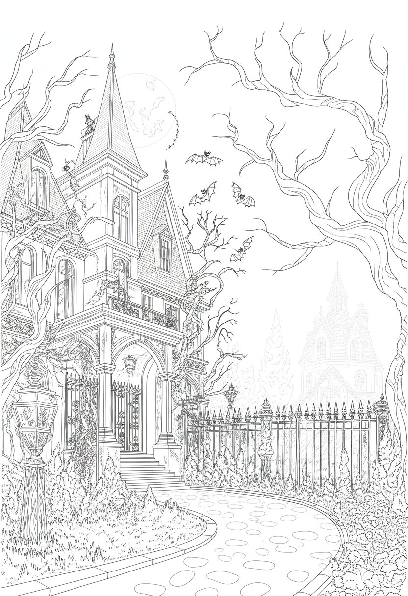 Gothic Coloring Pages for Adults: Top 20 Designs to Download as PDF and Png Files. 27 A haunted mansion with pointed arches and spires surrounded by twisted trees, bats flying near the towers, a cobblestone path leading to the entrance, and a full moon in the background.
